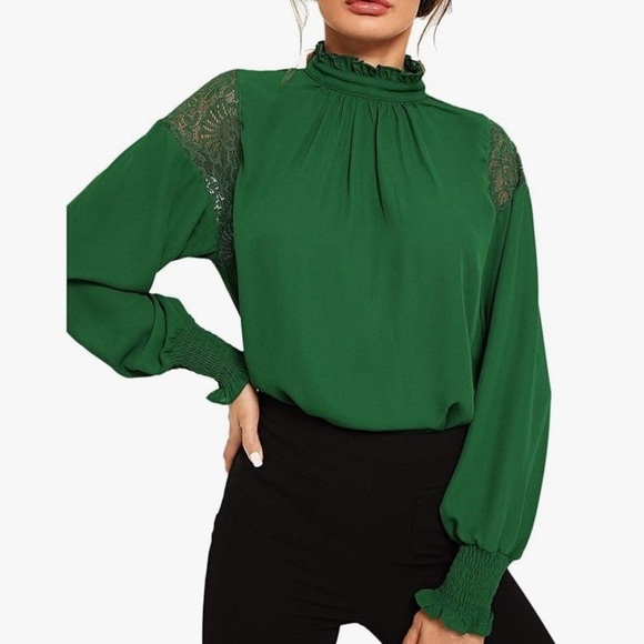 H&M Mock Neck Sheer Chiffon long sleeve Blouse green - Picture 1 of 10